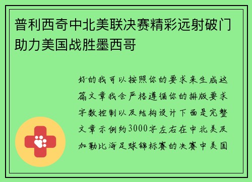 普利西奇中北美联决赛精彩远射破门助力美国战胜墨西哥