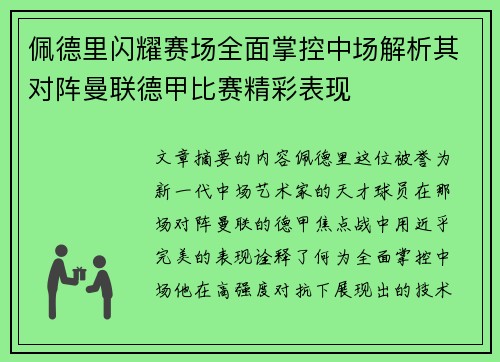 佩德里闪耀赛场全面掌控中场解析其对阵曼联德甲比赛精彩表现