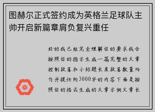 图赫尔正式签约成为英格兰足球队主帅开启新篇章肩负复兴重任