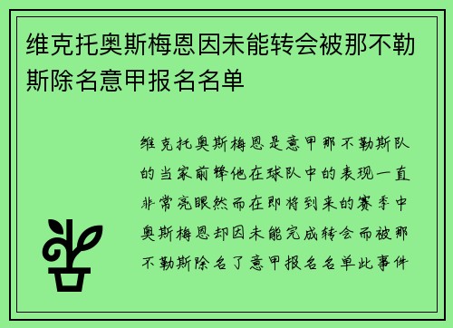 维克托奥斯梅恩因未能转会被那不勒斯除名意甲报名名单 维克托奥斯梅恩因未能转会被那不勒斯除名意甲报名名单